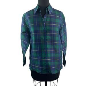 Vintage ICE Blue Green Top Silk Plaid Collared Long Sleeve Button-Up Sz M Medium